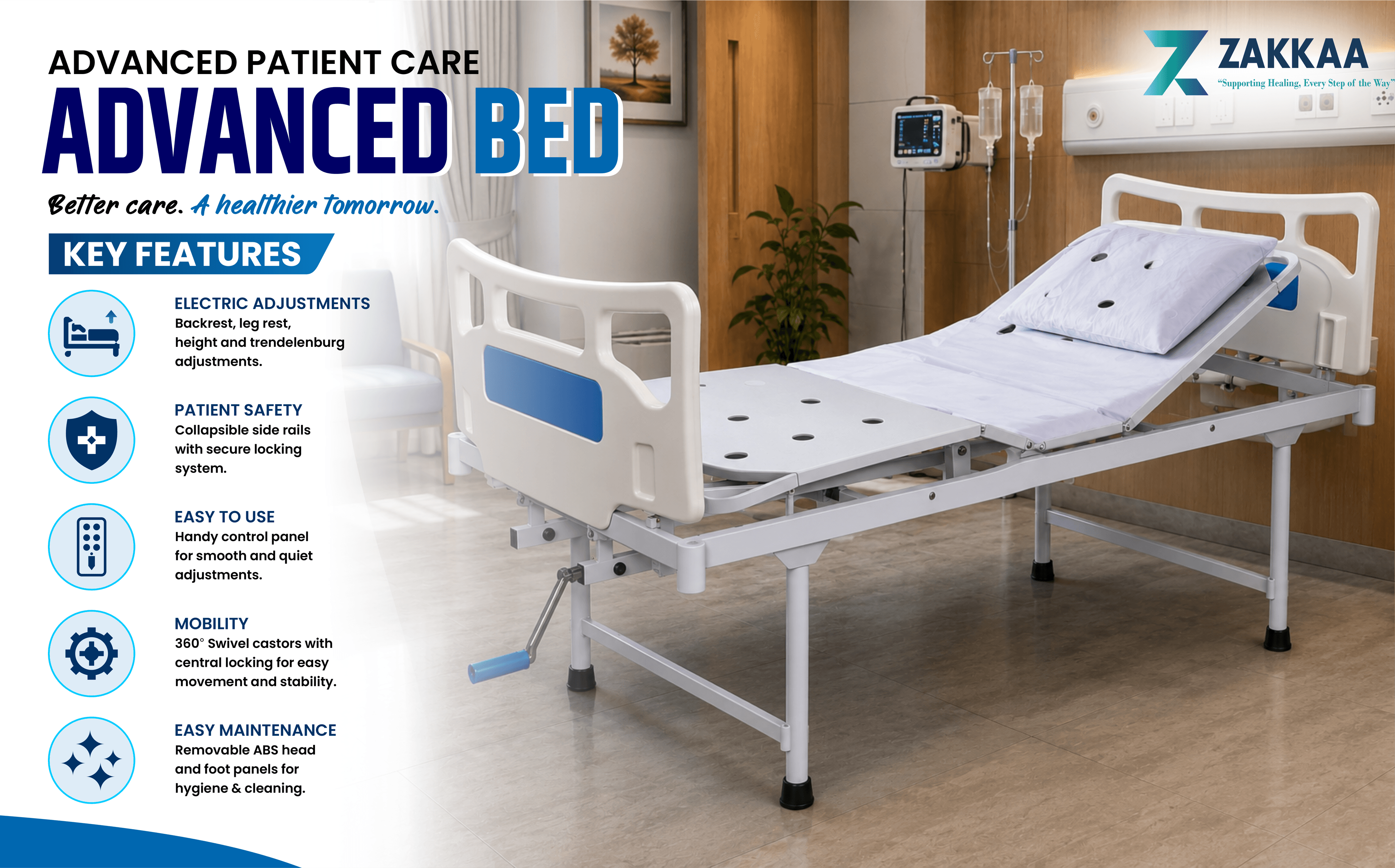 ZAKKAA Semi Flower Bed with Stainless Steel Panels – Manual Hospital Bed