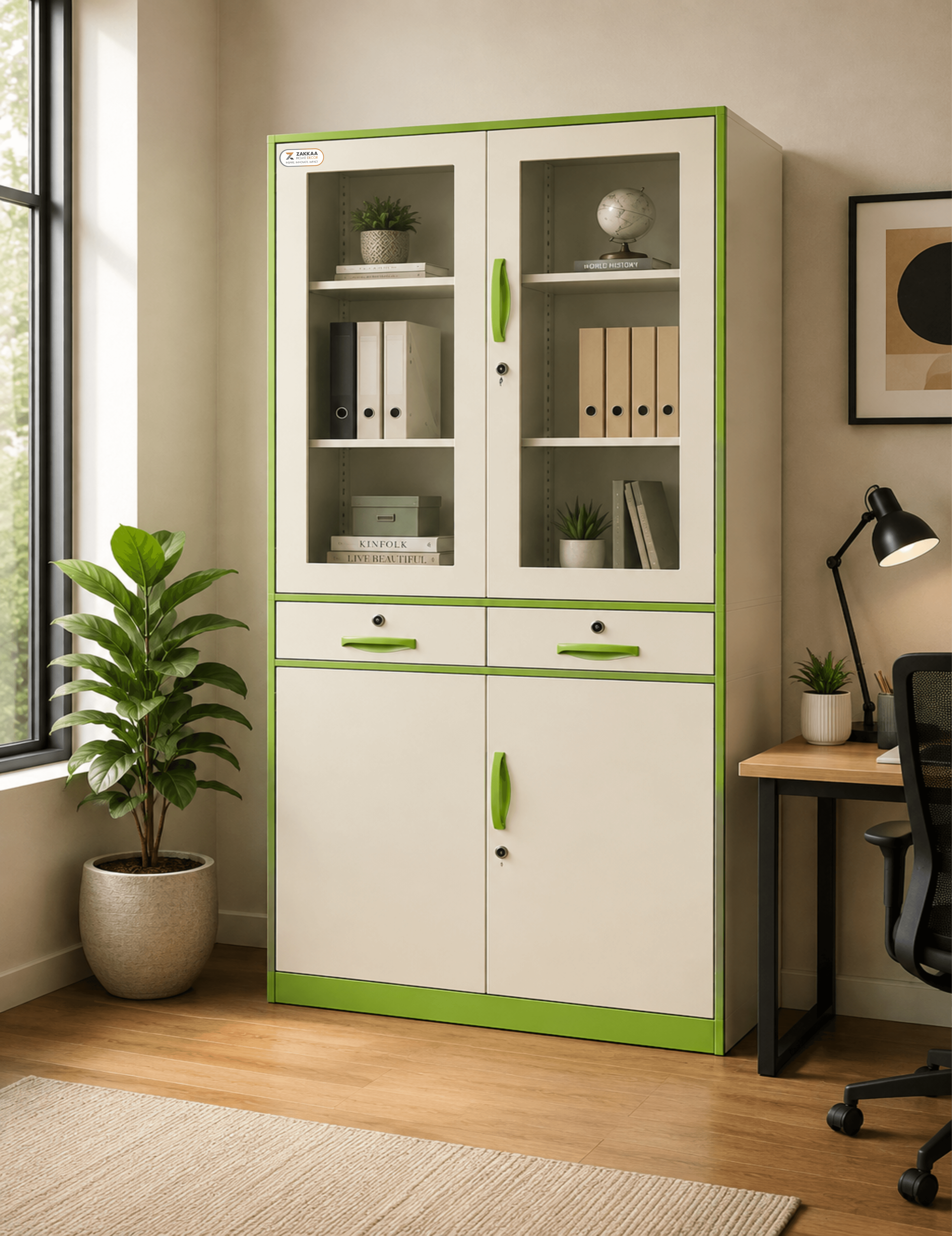 ZAKKAA Steel & Glass Storage Almirah with Drawers – Premium Office Storage Cabinet | ZMS-12