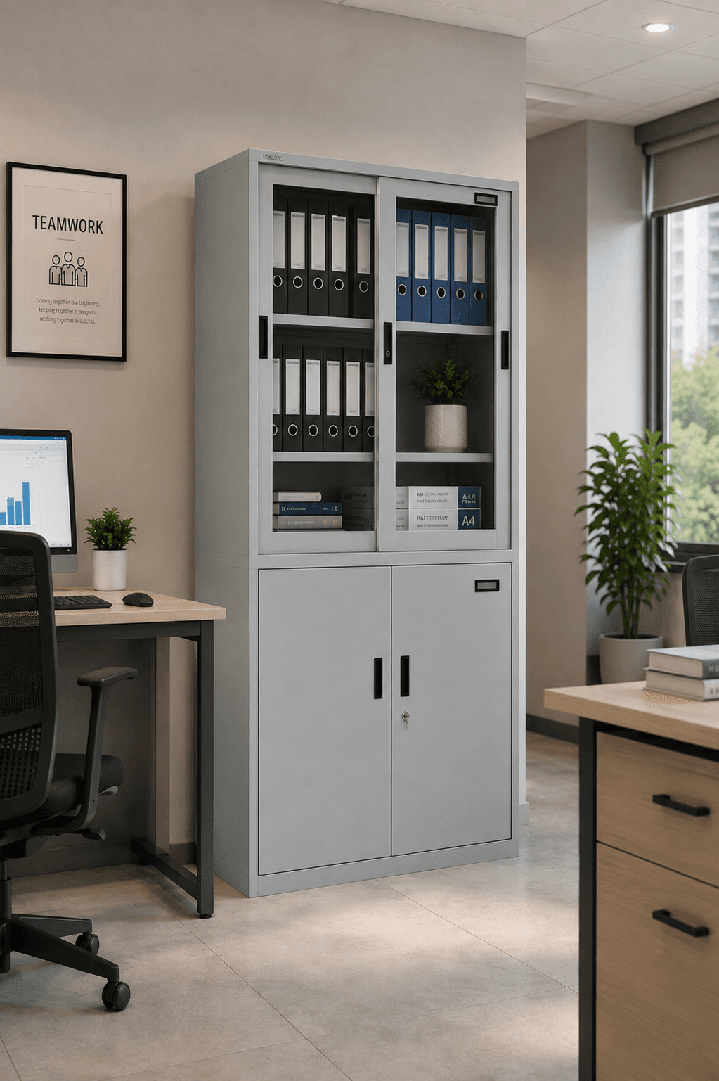Steel Display & Storage Almirah | Glass Sliding Door Cabinet with Adjustable Shelves