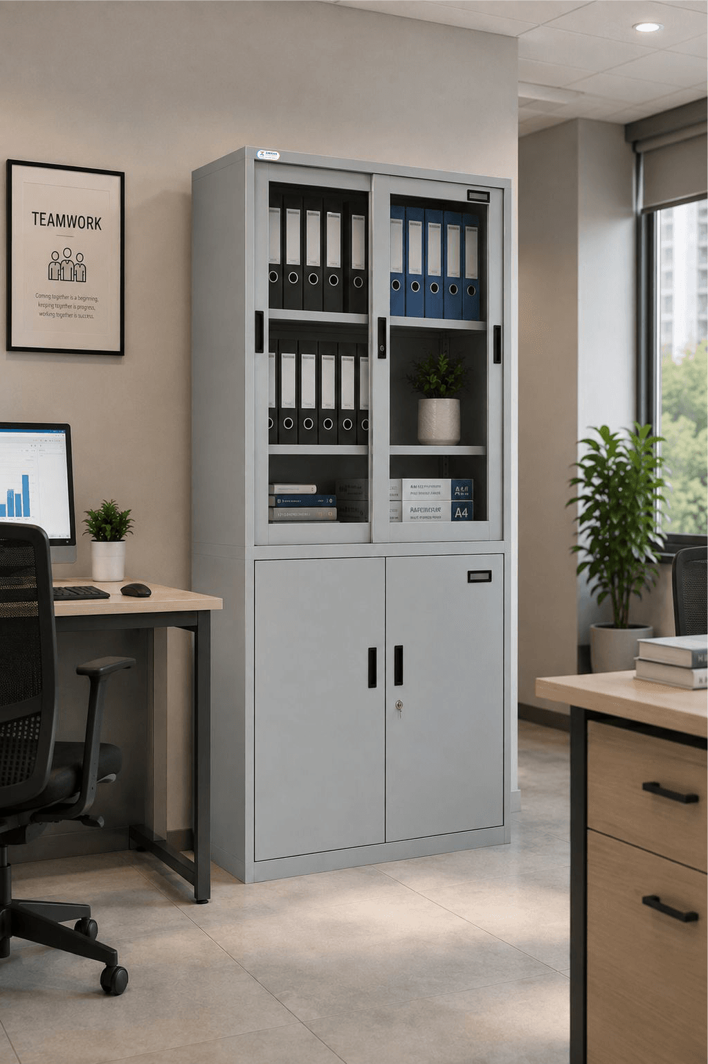 Steel Display & Storage Almirah | Glass Sliding Door Cabinet with Adjustable Shelves