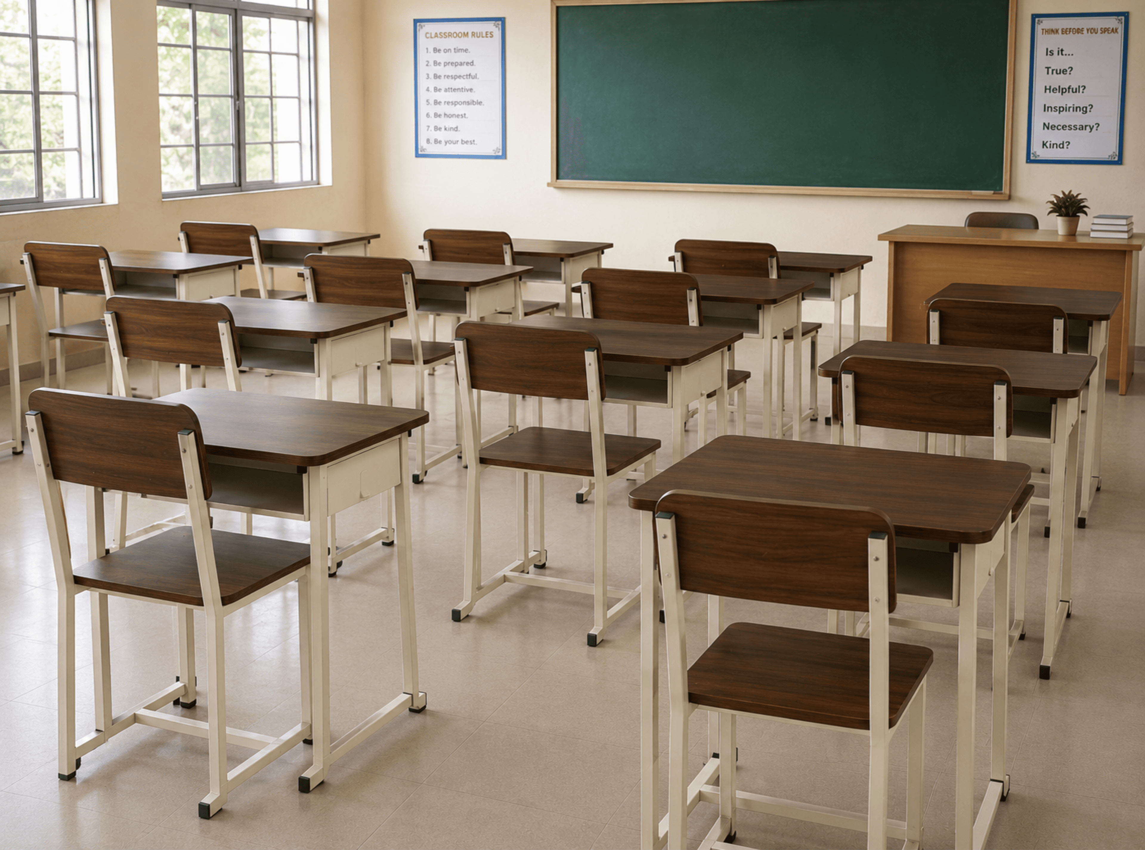 2-Seater School Desk & Bench Set | Compact Packaging | Heavy Duty Steel Frame