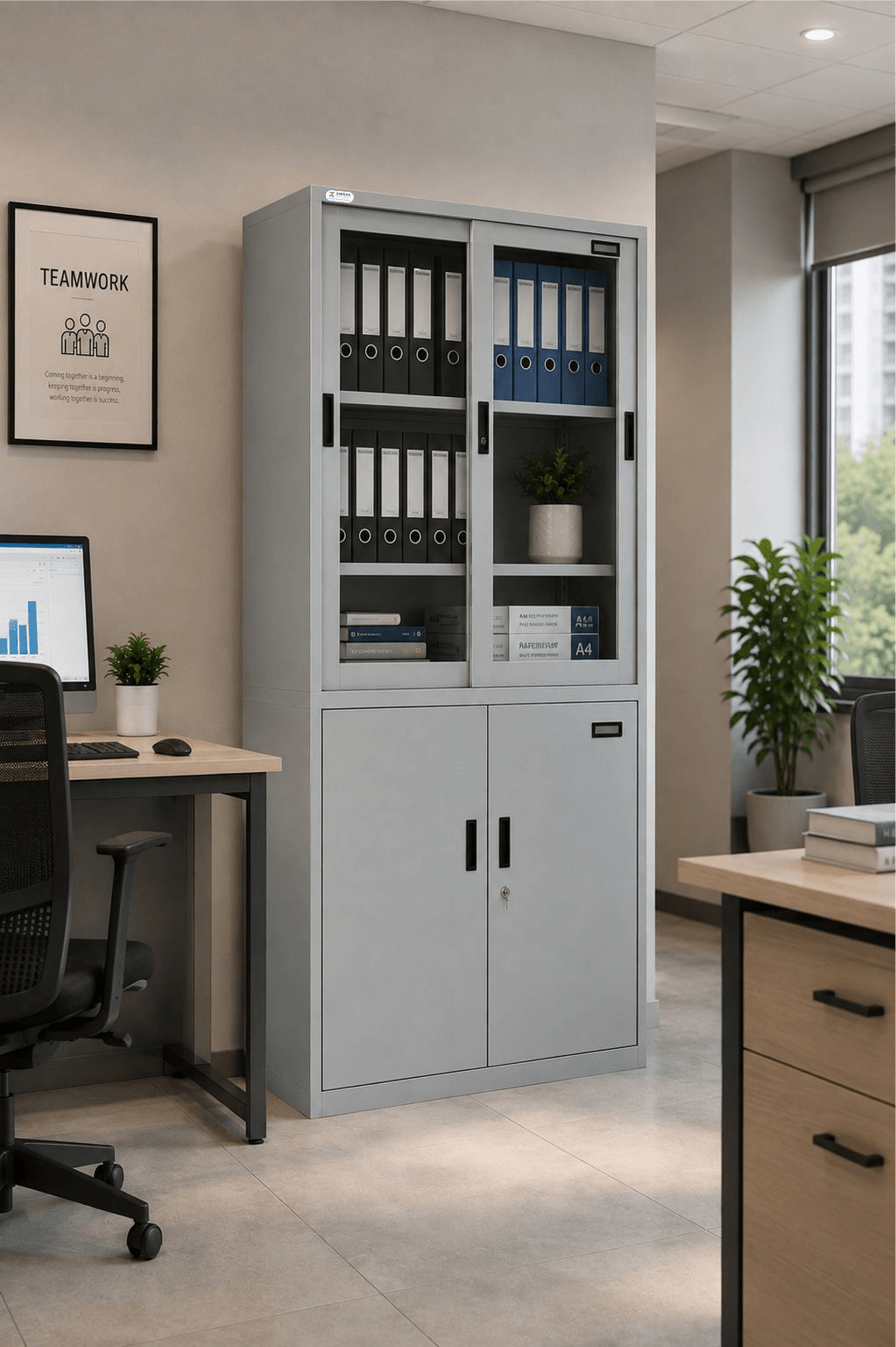 Steel Display & Storage Almirah | Glass Sliding Door Cabinet with Adjustable Shelves