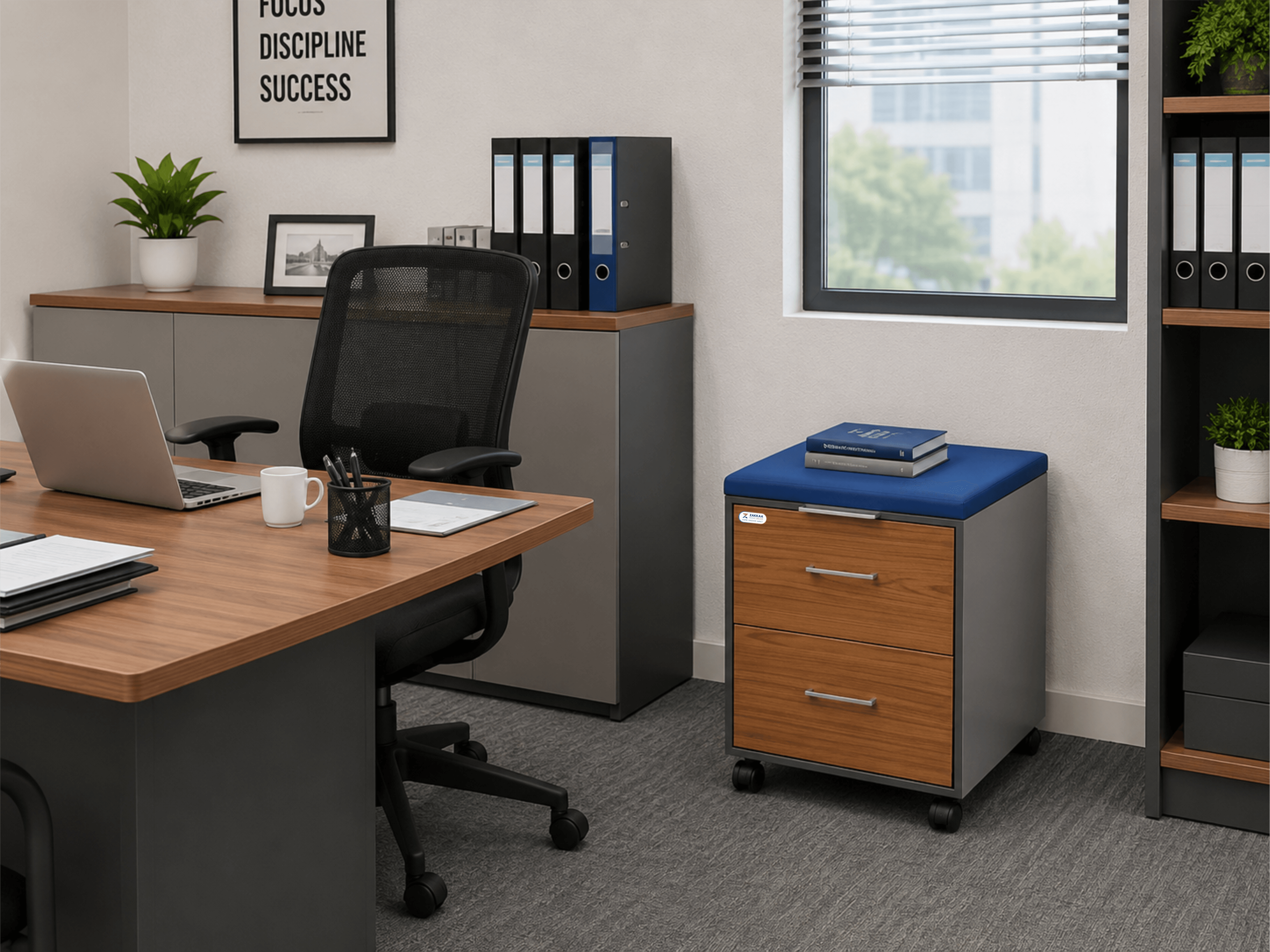 ZAKKAA Steel Mobile Pedestal with Cushion Seat – 2 Drawer Storage Unit